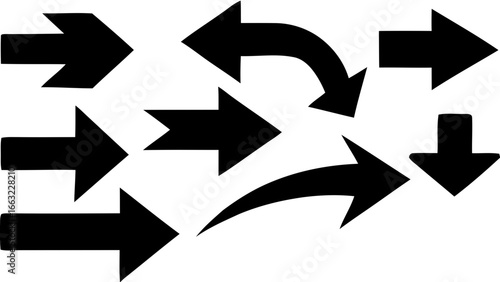 Collection of diverse black arrow silhouettes pointing in various directions isolated on white background