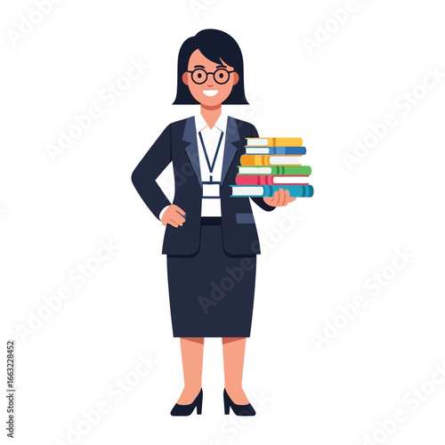 Smart Professional Woman: A smart professional woman, beaming with confidence, presents a neatly stacked collection of diverse books, poised to share knowledge, inspiration, and insight.