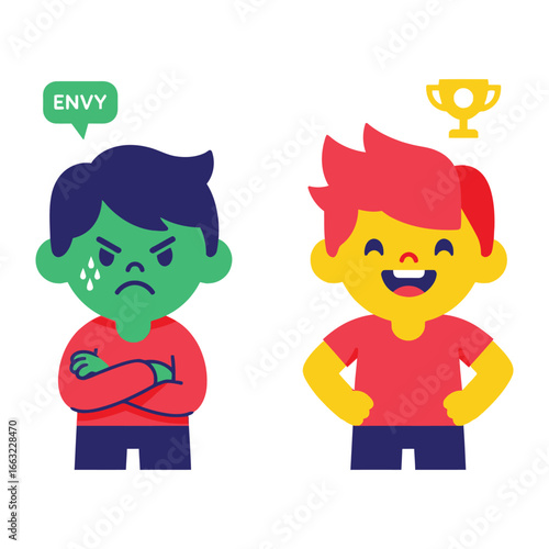 Envy vs. Triumph: A captivating illustration depicts two contrasting figures, each embodying a distinct emotion – one consumed by envy, the other radiating triumph.
