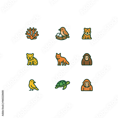 Wildlife conservation icon set in colorful cartoon style with bold outlines, including endangered animals, paw prints, and habitat protection symbols.