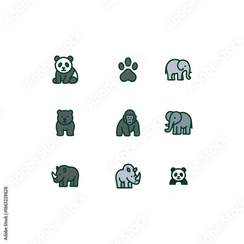 Wildlife conservation icon set in colorful cartoon style with bold outlines, including endangered animals, paw prints, and habitat protection symbols.