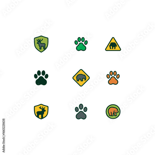 Wildlife conservation icon set in colorful cartoon style with bold outlines, including endangered animals, paw prints, and habitat protection symbols.
