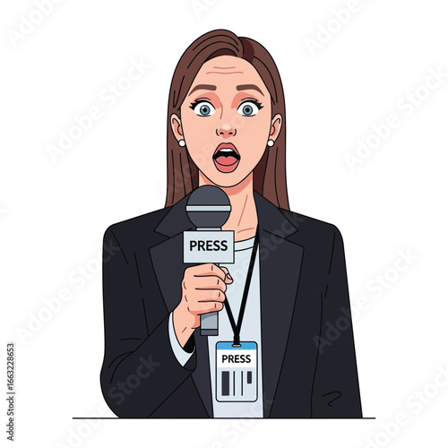 News Reporter: A poised news reporter, mic in hand, broadcasts the unfolding story. Eyes wide, she conveys an authentic shock, making the image instantly engaging.