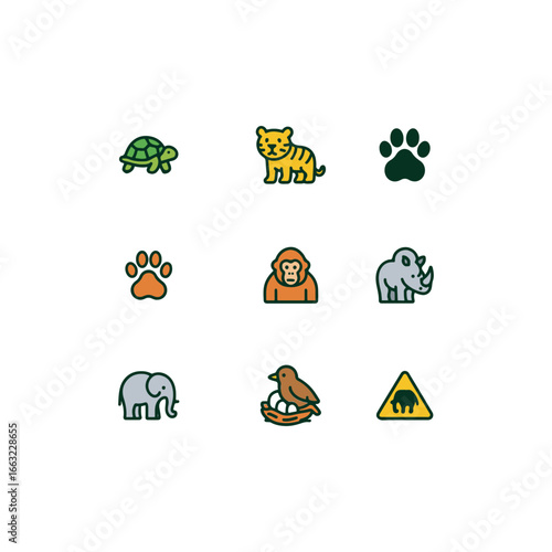 Wildlife conservation icon set in colorful cartoon style with bold outlines, including endangered animals, paw prints, and habitat protection symbols.