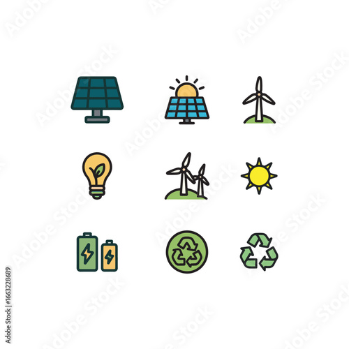 Renewable energy sources icon set in colorful cartoon style with bold outlines, including solar, wind, hydro, biomass, and green power symbols.