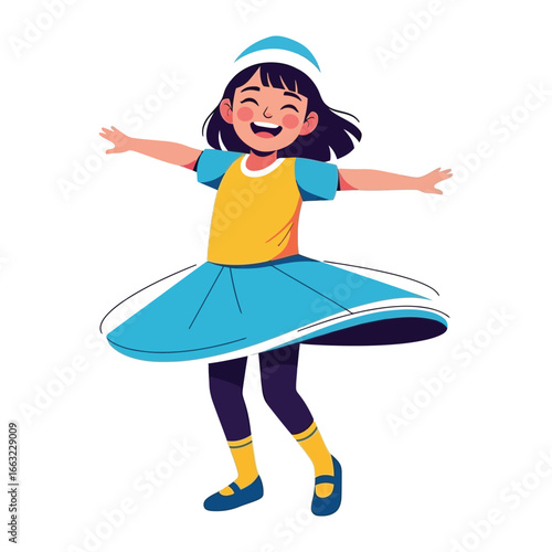 Joyful Twirl: An illustrated representation of a little girl spins gracefully, showcasing joy and exuberance in her playful movements. Capturing the essence of childhood happiness and movement