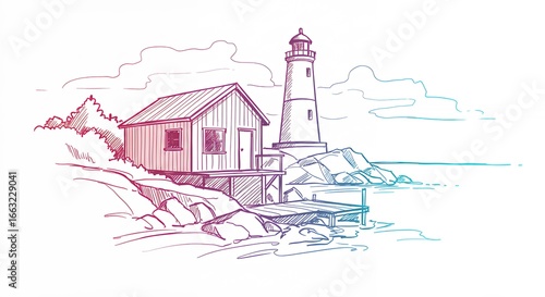 Coastal scene sketch lighthouse and cabin