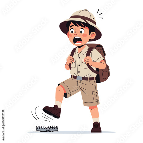 Adventurer's Dilemma: An illustration captures a young explorer on an expedition, unwittingly stepping into a trap. The scene is full of apprehension.