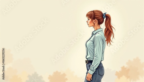 Young female job candidate with hair tied back standing with slight bow on muted beige background