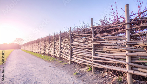 „wildlife garden dead hedge (Benjeshecke) built from branches and twigs, spring greenery, subtle bokeh, natural colors, copy space“ • „autumn scene of dead-wood hedge along meadow, misty morning, dew,