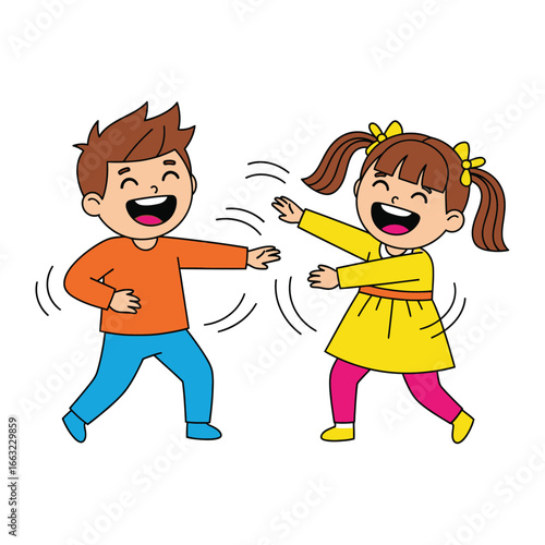 Joyful Playtime: Two happy children, a boy and a girl, engaged in a lively game, radiating energy and laughter. Their playful interaction showcases the essence of childhood joy and connection.