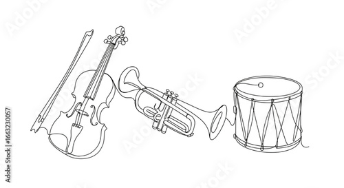 Orchestral Ensemble: Violin, Trumpet, and Drum - A Symphony of Musical Instruments in Outline