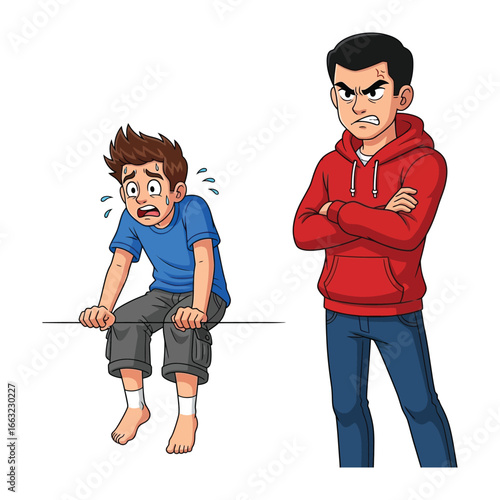 Conflict and Contemplation: A illustration depicting an angry figure confronting a scared, contemplative one.