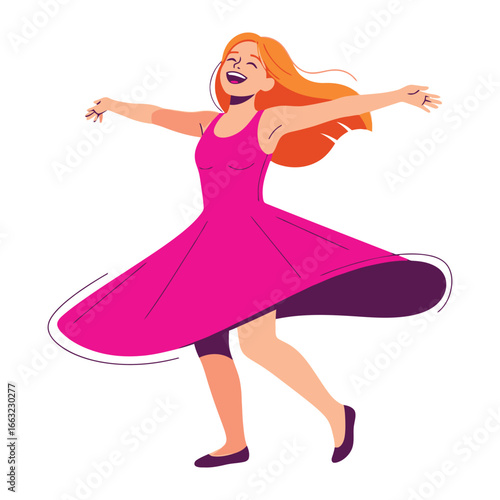 Joyful Whirl: A vivacious woman radiates pure happiness as she twirls with open arms, her vibrant dress flowing gracefully around her in a moment of carefree exuberance.