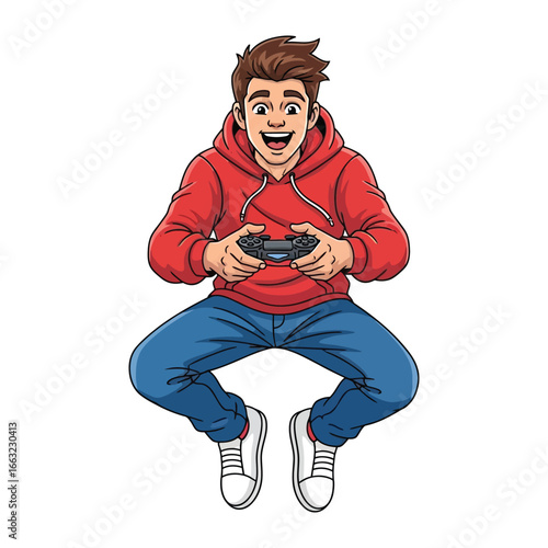 Young gamer in mid-air: A dynamic illustration captures a young, enthralled gamer in mid-air, engrossed in a gaming session with a controller clutched tightly in his hands.