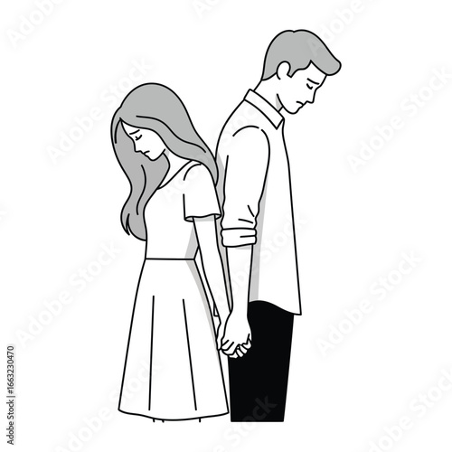 Heartbreak's Embrace: A tender sketch captures the emotional weight of loss, featuring a dejected couple standing back to back, their intertwined hands speaking volumes of shared grief.