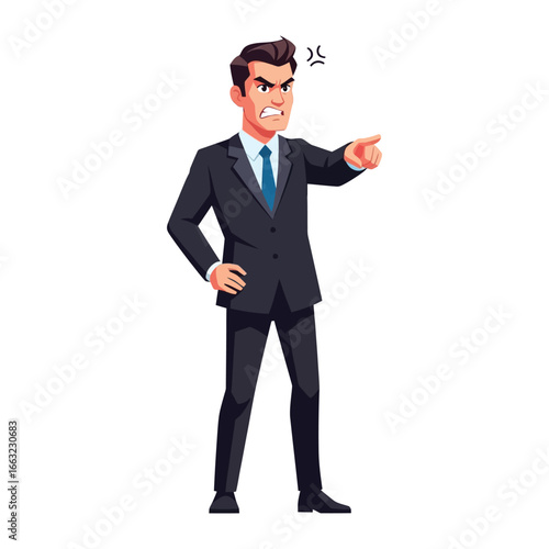 Angry Business Man: A stern man, impeccably dressed in a tailored suit, embodies the intensity of anger and disapproval with a pointed gesture and fierce expression.