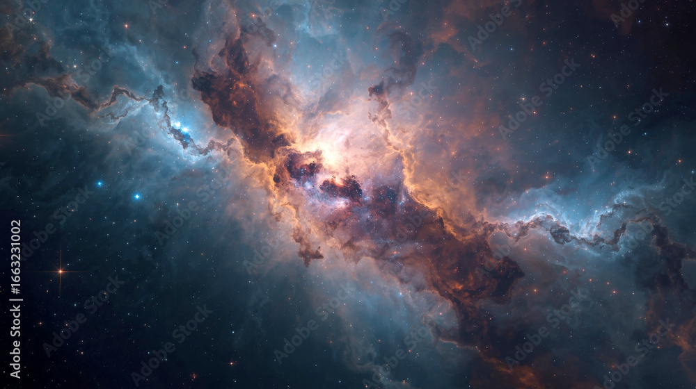 Fototapeta premium Colorful space galaxy cloud nebula. Starry night cosmos. Universe science astronomy. Supernova background wallpaper. cosmic nebula filled with swirling clouds of vibrant gases and dust in hues of deep