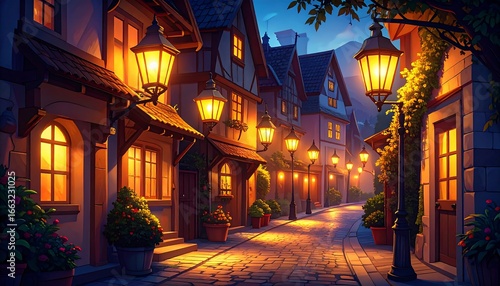 Charming European Town at Night, Illuminated by Lanterns.