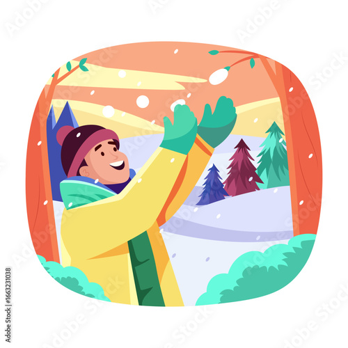 A flat style illustration showing a person enjoying snowfall