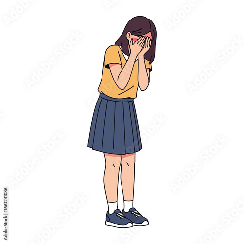 Embarrassed Girl Covering Face: A teenage girl, overcome with embarrassment, covers her face with her hands, showcasing a moment of vulnerability, in a digitally illustrated.
