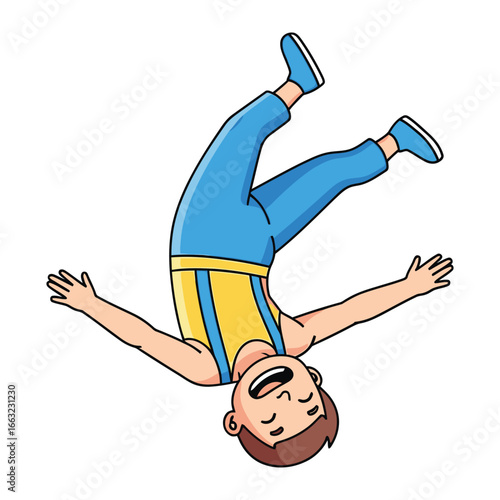 Playful Acrobat: A cheerful cartoon depicting a boy mid-air, engaged in a playful, dynamic gymnastic flip. The illustration captures the joy of movement, exercise, and active lifestyle. 