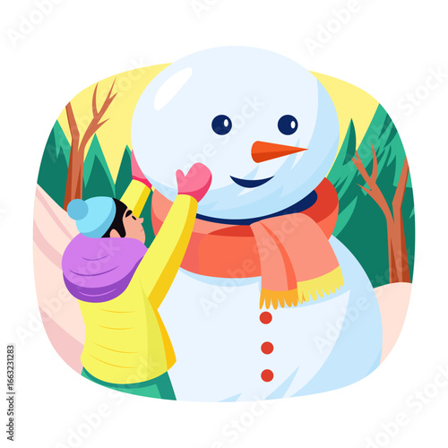 Flat illustration showing a character making snowman