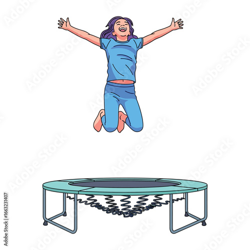 Joyful Trampoline Ascent: A vibrant cartoon illustration captures a young girl soaring through the air on a trampoline, embodying the exuberance and fun of outdoor play.