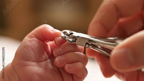 Mother Trimming Baby Nails with Small Nail Clipper. Gentle Baby Nail Care Close Up of Mother’s Hands. Realistic Family Hygiene: Baby Nail Trimming Macro. Safe Nail Care for Infant with Clipper.