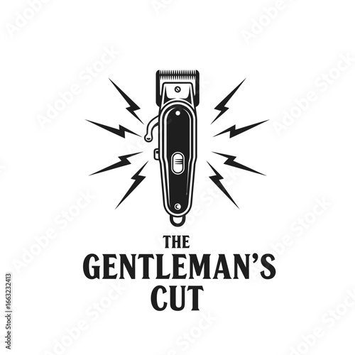 A vintage-style logo featuring electric clippers for a barbershop.