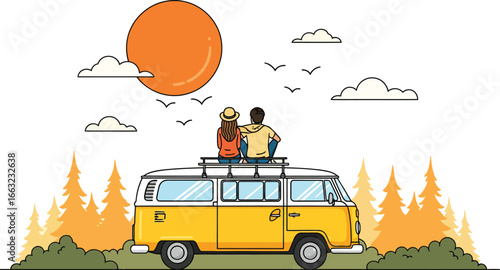 Couple admiring nature sitting on campervan roof enjoying romantic getaway with sun shining brightly