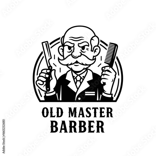 A vintage-style logo for a barbershop featuring an old master barber.