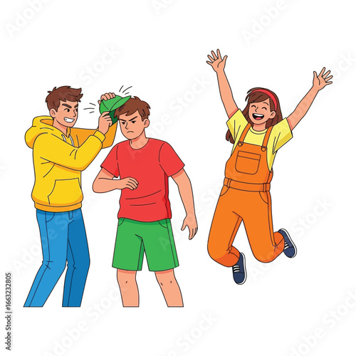 Childhood Mischief: A playful scene unfolds with two young boys engaged in a game, while a joyful girl celebrates the fun in an illustrative environment.