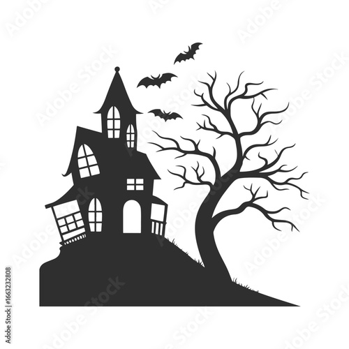 Haunted house silhouette on a hill with bats and bare tree, vector illustration