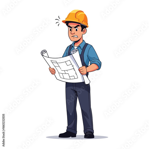 Engineer's Blueprint Woes: An engineer, clad in a yellow hard hat, is frustrated while examining architectural blueprints in a moment of construction complexity.