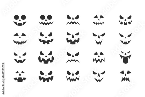 Set of Jack-o'-Lantern Faces. Line art icon collection of spooky and evil Halloween pumpkins with various carved expressions. Vector outline illustration for coloring, isolated on white background.