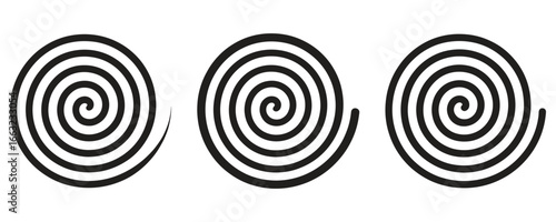 Three bold black spiral graphic elements arranged horizontally on a clean white background.