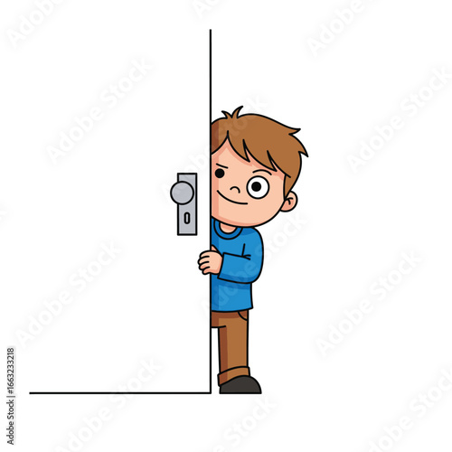 Curious Peek: A charming illustration captures a child peering playfully from behind a door, offering a glimpse of curiosity and playful anticipation.