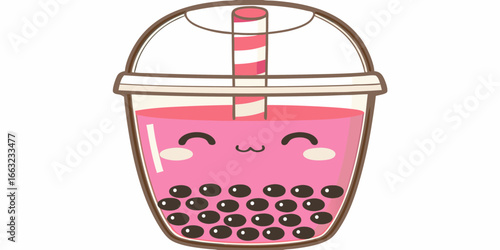 Cute kawaii pink bubble tea drink boba beverage