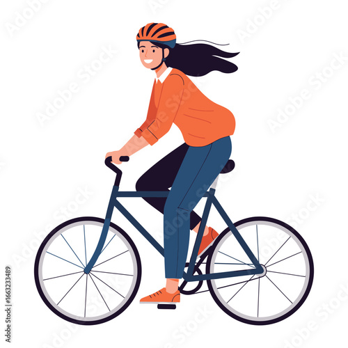 Active Journey: A spirited cyclist glides on their bike. They embrace a vibrant lifestyle with both a helmet on and a warm smile, representing adventure and wellness in an artful vector composition.