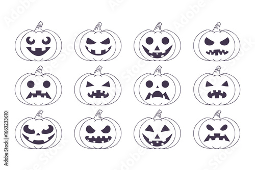 Set of Jack-o'-Lantern Faces. Line art icon collection of spooky and evil Halloween pumpkins with various carved expressions. Vector outline illustration for coloring, isolated on white background.