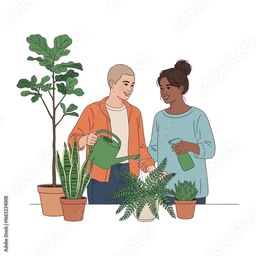 Cultivating Green Together: Two individuals bond over their shared love of plants, carefully tending to a variety of verdant flora in a heartwarming scene of collaborative growth.
