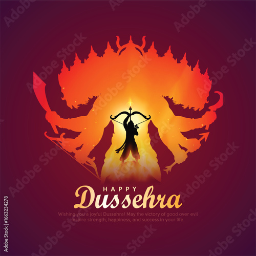 Happy Dussehra festival of India poster design. Lord Rama killing Ravana. Creative vector illustration.
