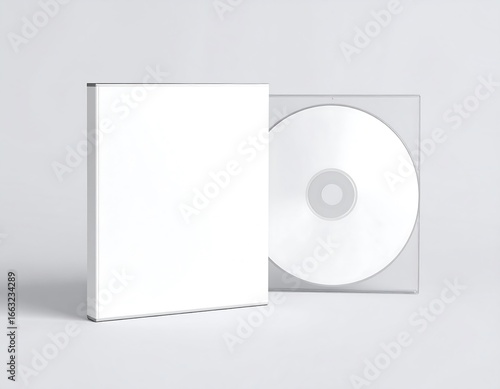 Blank White CD Case and Disc Mockup on Light Gray Background.