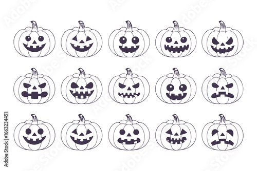 Set of Jack-o'-Lantern Faces. Line art icon collection of spooky and evil Halloween pumpkins with various carved expressions. Vector outline illustration for coloring, isolated on white background.