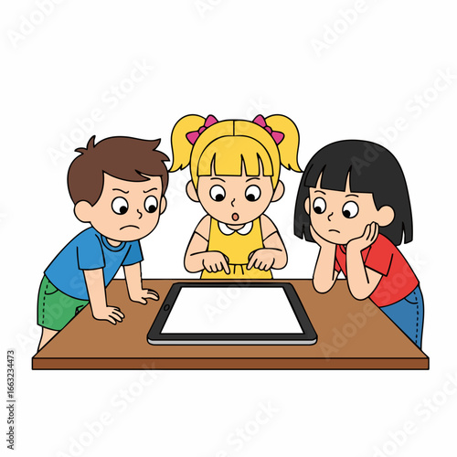 Cartoon Style Three Kids Looking Worried At Tablet Screen Illustration