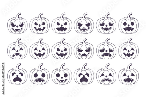 Set of Jack-o'-Lantern Faces. Line art icon collection of spooky and evil Halloween pumpkins with various carved expressions. Vector outline illustration for coloring, isolated on white background.
