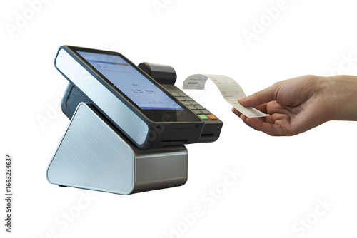 POS Terminal with Receipt Roll and Angled Perspective, Sleek Retail Design