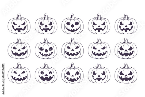 Set of Jack-o'-Lantern Faces. Line art icon collection of spooky and evil Halloween pumpkins with various carved expressions. Vector outline illustration for coloring, isolated on white background.