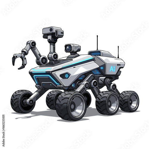 Futuristic AI-powered rover with robotic arm and cameras.